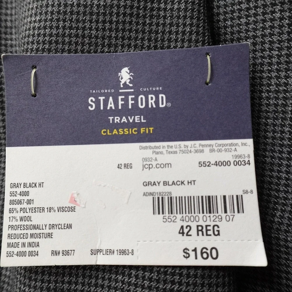 NEW Stafford Blazer Mens 42R Gray Check Wool Classic‎ Fit Sport Coat Jacket Suit